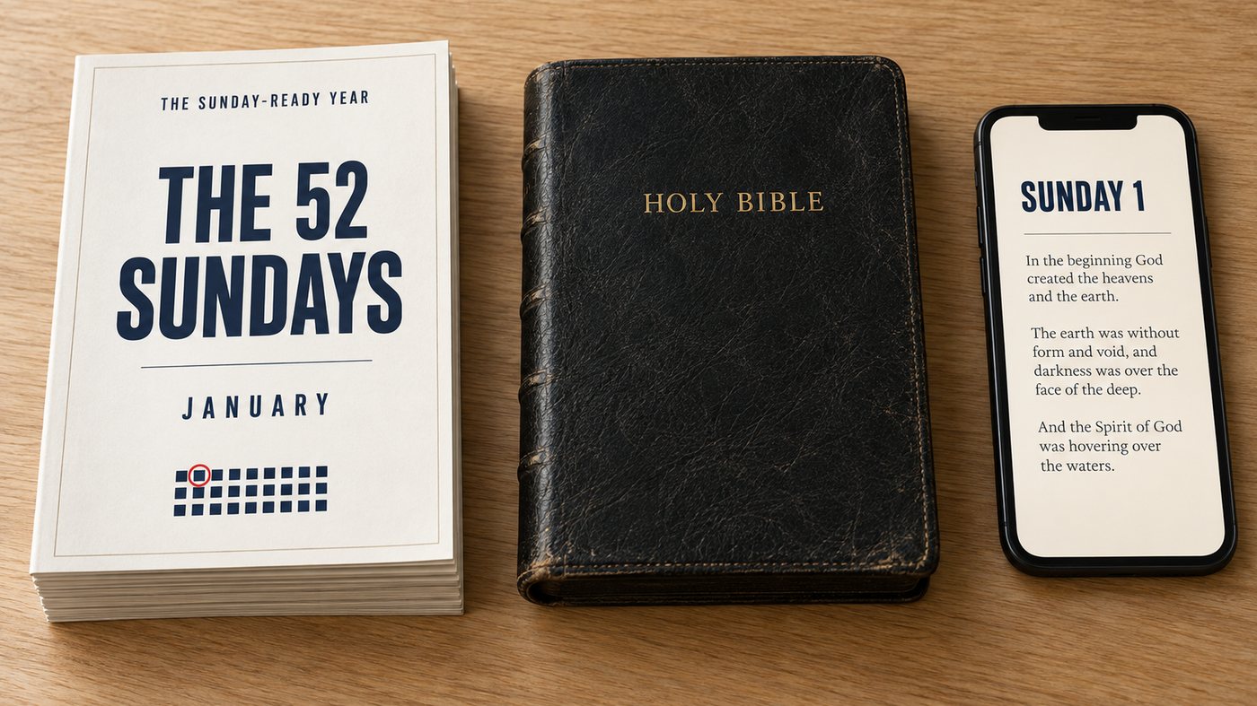 The twelve monthly booklets of The Sunday-Ready Year on a pastor's desk beside an open Bible