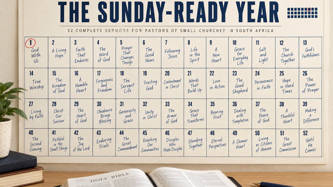 A cream wall calendar with the 52 Sundays of the year, each with its sermon title written in blue ink